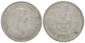 World Coins - Switzerland - 1923 - 5 Francs
Dated 1923 AD. Bern mint. Obv: profile bust with CONFOEDERATIO HELVETICA legend. Rev: 5 Fr over arms with...