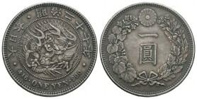 World Coins - Japan - Mutsuhito - Year 27 - Yen
Dated year 27 (1894 AD"). Obv: coiled dragon holding ball with ??? ?????? and 416 ONE YEN 900 legends...