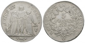 World Coins - France - Consulship - Year 7 Q - 5 Francs
Dated year 7 (1798-1799 AD"). Perpignan mint. Obv: Hercules group standing with UNION ET FORC...