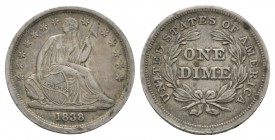 World Coins - USA - 1838 - Seated Liberty Dime
Dated 1838 AD. Obv: seated Liberty with no drapery at elbow and stars around; date in exergue. Rev: ON...