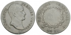 World Coins - France - Bonaparte Consulship - Year XI A - 5 Francs
Dated year XI (1802-1803 AD"). Paris mint. Obv: profile bust with BONAPARTE PREMIE...