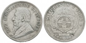 World Coins - South Africa - Republic - 1892 - 5 Shillings
Dated 1892 AD. Obv: profile bust with ZUID AFRIKAANSCHE REPUBLIEK legend. Rev: arms with s...
