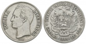 World Coins - Venezuela - 1935 - 5 Bolivares (Gram 25)
Dated 1935 AD. Obv: profile bust with BOLIVAR LIBERTADO legend. Rev: arms with ESTADOS UNIDOS ...