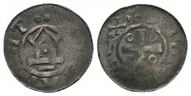 World Coins - Germany - Otto III - Goslar - Denier
983-1002 AD. Goslar mint. Obv: cross and annulets with +[ ]IDRV[ ]EX legend. Rev: temple with [AT]...