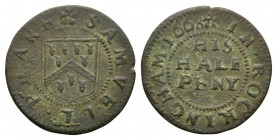British Tokens - 17th Century - Rockingham 1668 - Token Halfpenny
Dated 1668 AD. Northamptonshire, Rockingham, Samuel Peake. Obv: Grocer's arms with ...