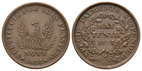 World Coins - USA - May 10th - 1837 - Hard Times Token Cent
Dated 1837 AD. Obv: phoenix rising from flames with NOVR below and SUBSTITUTE FOR SHIN PL...