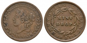 World Coins - USA - Mint Drop - 1841 - Hard Times Token Cent
Dated 1841 AD. Obv: profile bust within wreath with E PLURIBUS UNUM on ribbon above and ...