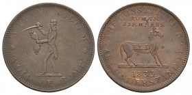 World Coins - USA - Roman Firmness - 1841 - Hard Times Token Cent
Dated 1837 AD. Obv: standing figure holding purse(?) and cutlass with A PLAIN SYSTE...