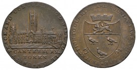 British Tokens - 18th Century - Canterbury - 1794 - Edge Error Token Halfpenny
Dated 1794 AD. Obv: view of Cathedral with UNITY PEACE AND CONCORD : G...
