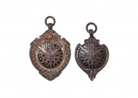 British Award Medals - Early Darts Award Fobs [2]
Early 20th century AD. Group comprising: two fobs with wreath backgrounds and enamelled dartboard e...