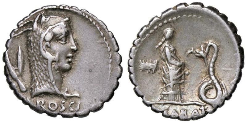 ROMANE REPUBBLICANE - ROSCIA - L. Roscius Fabatus (64 a.C.) - Denario serrato B....