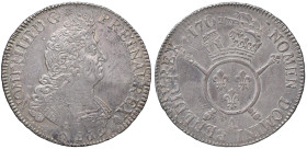ESTERE - FRANCIA - Luigi XIV (1643-1715) - Scudo 170(1?) Gad. 220 (AG g. 26,8)"Alle insegne" Moneta ribattuta su uno scudo "alle palme" del 1693, la c...