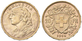 ESTERE - SVIZZERA - Confederazione - 20 Franchi 1904 Kr. 35.1 (AU g. 6,45)

Status: qFDC

Notes: