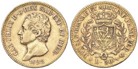 SAVOIA - Carlo Felice (1821-1831) - 20 Lire 1822 T Pag. 46; Mont. 31 RR (AU g. 6,42)

Status: qBB

Notes: