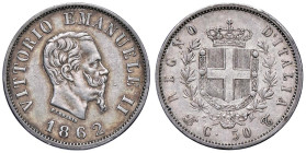 SAVOIA - Vittorio Emanuele II Re d'Italia (1861-1878) - 50 Centesimi 1862 T Stemma Pag. 524; Mont. 212 RR AG Segnetto - Delicata patina di antica racc...