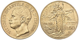 SAVOIA - Vittorio Emanuele III (1900-1943) - 50 Lire 1911 Cinquantenario Pag. 656; Mont. 34 R (AU g. 16,16)

Status: qFDC/FDC

Notes: