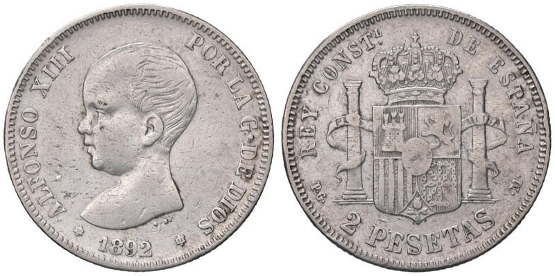 ESTERE - SPAGNA - Alfonso XIII (1886-1931) - 2 Pesetas 1892 PG M Kr. 81 AG

St...