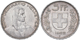 ESTERE - SVIZZERA - Confederazione - 5 Franchi 1922 B Kr. 37 AG Colpetto

Status: BB

Notes: Colpetto