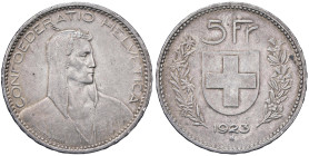 ESTERE - SVIZZERA - Confederazione - 5 Franchi 1923 B Kr. 37 AG Colpetto - Patina

Status: qSPL

Notes: Colpetto - Patina