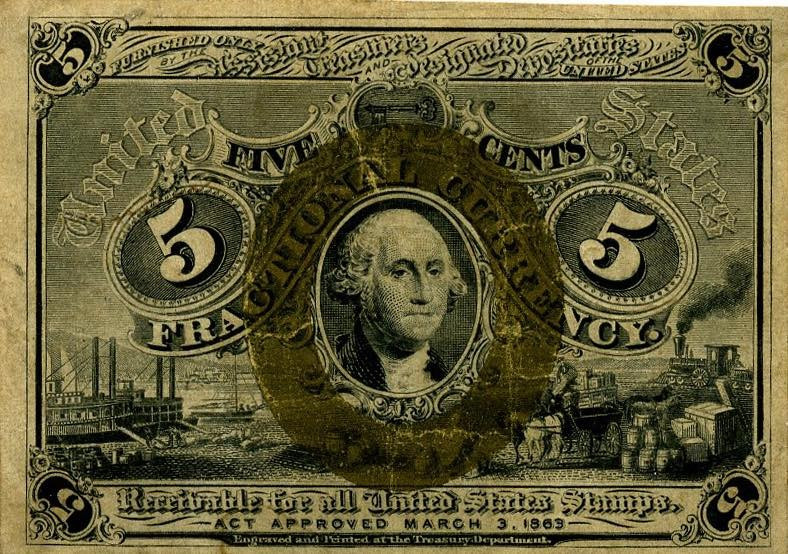 CARTAMONETA ESTERA - U.S.A. - 5 Cents 03/03/1863 Pick 101 R

Status: qBB

No...