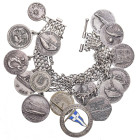 VARIE - Oggetti di antiquariato Ornamento femminile in AG800 (catena per collo, gr. 100 circa) con 11 medaglie per lo più relative a navi militari (Re...
