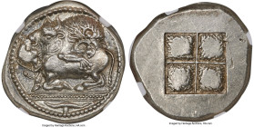MACEDON. Acanthus. Ca. 525-470 BC. AR tetradrachm (28mm, 17.10 gm). NGC MS S 5/5 - 4/5, Fine Style. Struck ca. 480-470 BC. Lion springing right, attac...