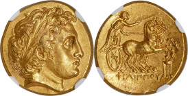 MACEDONIAN KINGDOM. Philip II (359-336 BC). AV stater (18mm, 8.61 gm, 11h). NGC MS 5/5 - 4/5, Fine Style. Late posthumous issue, Colophon, under Phili...