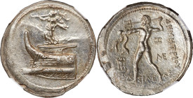 MACEDONIAN KINGDOM. Demetrius I Poliorcetes (306-283 BC). AR tetradrachm (27mm, 17.17 gm, 8h). NGC Choice MS 5/5 - 4/5, Fine Style. Amphipolis, 294-29...