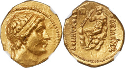 BACTRIAN KINGDOM. Euthydemus I (ca. 225-200 BC). AV stater (18mm, 8.21 gm, 6h). NGC AU 4/5 - 4/5. Attic standard. Diademed head of Euthydemus right / ...