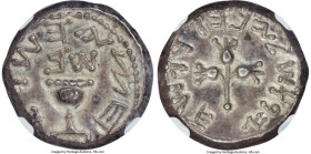JUDAEA. Jewish War (AD 66-70). AR half-shekel (18mm, 6.23 gm, 12h). NGC Choice XF 4/5 - 4/5. Jerusalem, dated Year 2 (April AD 67-March AD 68). Half o...