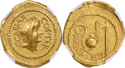 Julius Caesar, as Consul for the Third Time (46 BC), with Aulus Hirtius, as Praetor. AV aureus (22mm, 8.16 gm, 5h). NGC Choice VF 5/5 - 2/5, ex-jewelr...