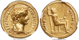 Tiberius (AD 14-37). AV aureus (19mm, 7.72 gm, 4h). NGC Choice XF 5/5 - 3/5, brushed. Lugdunum, ca. AD 14-17. TI CAESAR DIVI-AVG F AVGVSTVS, laureate ...