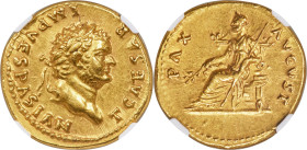 Titus, as Caesar (AD 79-81). AV aureus (19mm, 7.39 gm, 6h). NGC Choice XF 5/5 - 4/5, light marks. Rome, AD 75. T CAESAR-IMP VESPASIAN, laureate head o...