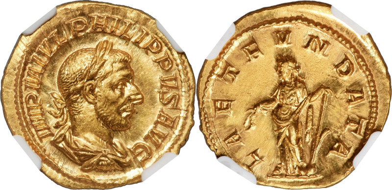 Philip I (AD 244-249). AV aureus (20mm, 4.33 gm, 12h). NGC MS 5/5 - 3/5, brushed...