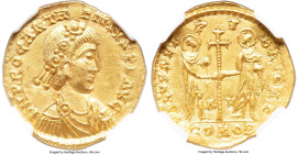 Anthemius (AD 467-472). AV solidus (21mm, 4.19 gm, 6h). NGC Choice AU 5/5 - 3/5, clipped. Ravenna. D N PROC ANTH-EMIVS P F AVG, rosette-diademed, drap...