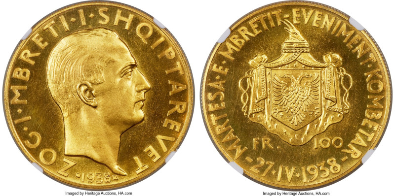Zog I gold 100 Franga Ari 1938-R MS66 NGC, Rome mint, KM23, Fr-13. Struck for th...