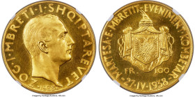 Zog I gold 100 Franga Ari 1938-R MS66 NGC, Rome mint, KM23, Fr-13. Struck for the marriage of King Zog to Countess Geraldine Apponyi on April 27, 1938...
