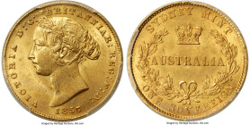 Victoria gold Sovereign 1857-SYDNEY MS64 PCGS, Sydney mint, KM4, Fr-10, Marsh-A362 (R). An incredible conditional outlier from the first year of busin...