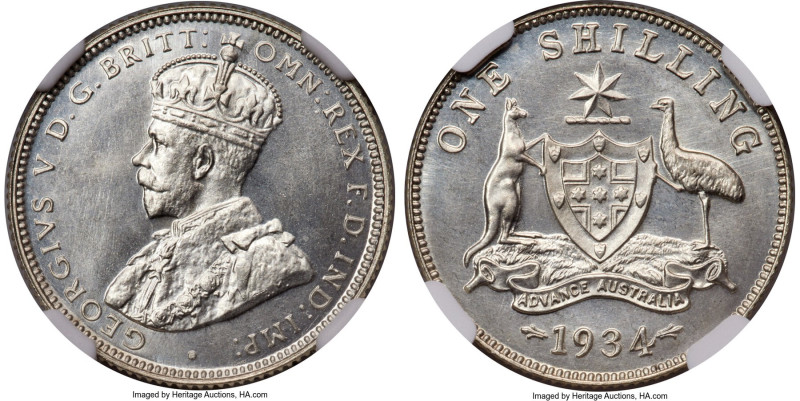 George V Proof Shilling 1934 PR67+ NGC, Melbourne mint, KM26. An astounding exam...