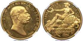 Franz Joseph I gold Proof "Lady in the Clouds" 100 Corona 1908 PR62 Ultra Cameo NGC, Kremnitz mint, KM2812, Fr-514. 60th Anniversary of Reign issue. A...