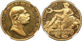 Franz Joseph I gold Proof "Lady in the Clouds" 100 Corona 1908 PR62 NGC, Kremnitz mint, KM2812, Fr-514. 60th Anniversary of Reign issue. One of the mo...