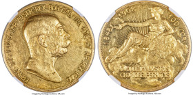 Franz Joseph I gold Proof "Lady in the Clouds" 100 Corona 1908 PR60 NGC, Kremnitz mint, KM2812, Fr-514. Struck to commemorate the 60th anniversary of ...