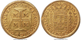 João V gold 20000 Reis (Dobrão) 1724-M AU58 PCGS, Minas Gerais mint, KM117, LMB-248. Wholly resplendent and among the most instantly recognizable type...