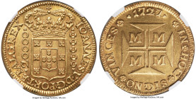 João V gold 20000 Reis (Dobrão) 1727-M MS61 NGC, Minas Gerais mint, KM117, LMB-251. Showcasing sweeping golden brilliance and a well-centered, sharp s...