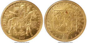 Republic gold 10 Dukatu 1932 MS63+ NGC, Kremnitz mint, KM14, Fr-4. Mintage: 1,035. Unmistakably a product of its time in terms of the motifs' heroic e...