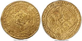 Aquitaine. Edward the Black Prince (1362-1372) gold Noble Guyennois a l'E (Pavillon d'Or) ND (1362-1364)-R MS63 PCGS, La Rochelle mint, Fr-5, Dup-1120...