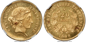 Republic gold Proof Essai 20 Francs 1848 PR65 Ultra Cameo NGC, Mazard-1254, Gadoury-1049. Pattern dies by L. LeClerc. Among the more intriguing essai ...