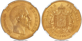 Napoleon III gold Proof Essai 100 Francs 1855-A AU Details (Obverse Repaired, Edge Filed) NGC, Paris mint, cf. KM786.1 (for standard issue), Gad-1135,...
