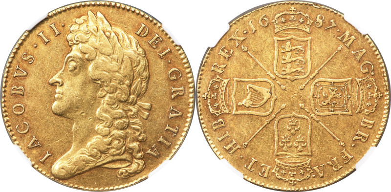 James II gold 5 Guineas 1687 AU50 NGC, KM460.1, S-3397A, Fr-292. Second Laureate...