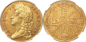 James II gold 5 Guineas 1687 AU50 NGC, KM460.1, S-3397A, Fr-292. Second Laureate Bust Left. TERTIO edge. A desirable large-format Guinea from the shor...